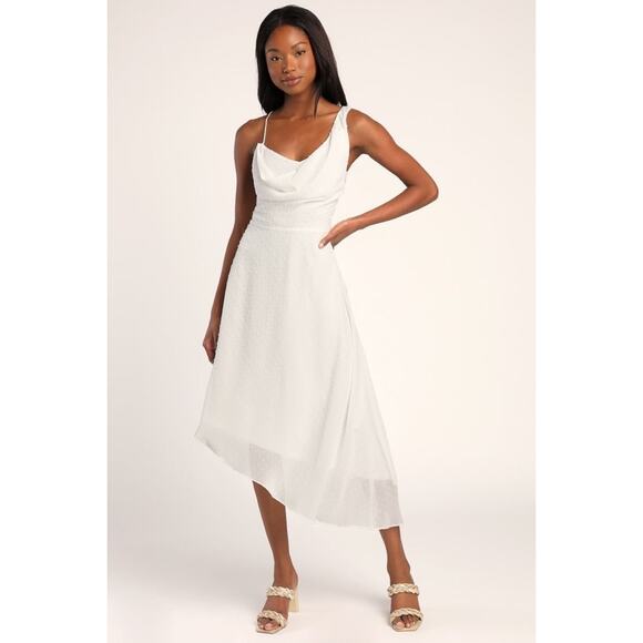 NWT Lulus‎ Take A Chance On Romance White Asymmetrical Swiss Dot Midi Dress - Picture 1 of 7